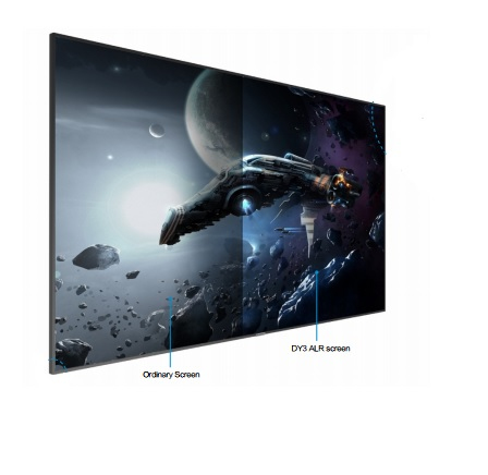 Sapphire AV SALFS221WSF 100" projection screen features a sleek black frame, showcasing a comparison between an ordinary screen and a DY3 ALR screen with vibrant space imagery.