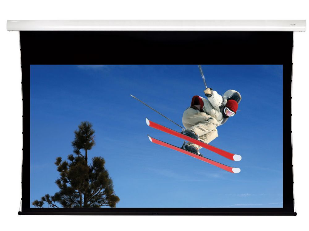 Sapphire AV SETTS270WSF-AW10 projection screen, 3.17 m (125"), features a sleek black frame with a white viewing surface, showcasing a vibrant skiing scene against a blue sky.
