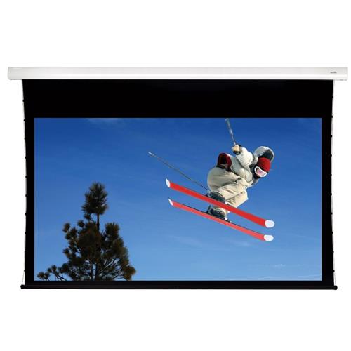 Sapphire AV 3.56 m (140") projection screen with a sleek white casing, featuring a black border and a smooth, matte surface for optimal image clarity.