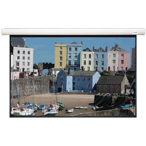 Sapphire AV SEWS350BWSF-a 158" projection screen featuring a sleek white casing, designed for a 16:9 aspect ratio, with a matte black border for enhanced viewing.