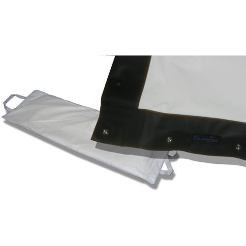 Sapphire AV SFFS203FRFABRIC projection screen material in white PVC with a black border, featuring grommets and handles for easy installation.
