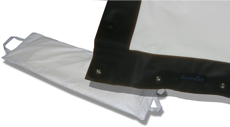 White PVC projection screen material with a black border, featuring grommets for mounting and a Sapphire AV logo, folded with handles for easy transport.