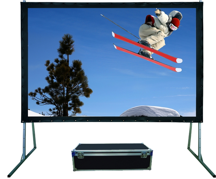 Sapphire AV SFFS305FR10 fabric projection screen with a black aluminum frame, featuring a skier jumping against a blue sky background, accompanied by a sturdy carrying case.