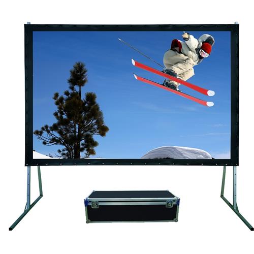 Sapphire AV SFFS404FR projection screen, 5.05 m (199"), 4:3 aspect ratio, featuring a sturdy black frame and a vibrant image of a skier against a snowy backdrop, with a transport case below.