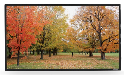 Sapphire AV SFSC203-SB 92" projection screen featuring a sleek black frame, designed for a 16:9 aspect ratio, with vibrant autumn scenery displayed on the screen.