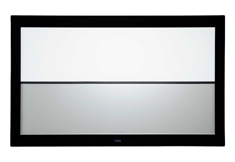 Sapphire AV SFSC220-2D3D projection screen features a sleek black frame with a 100-inch 16:9 white viewing surface, designed for high-quality image display.