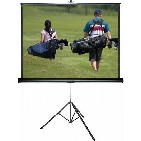 Sapphire AV STS200 projection screen, 3.02 m (119"), 1:1 aspect ratio, features a sturdy black frame and tripod stand, showcasing a vibrant image of two golfers walking on a green field.