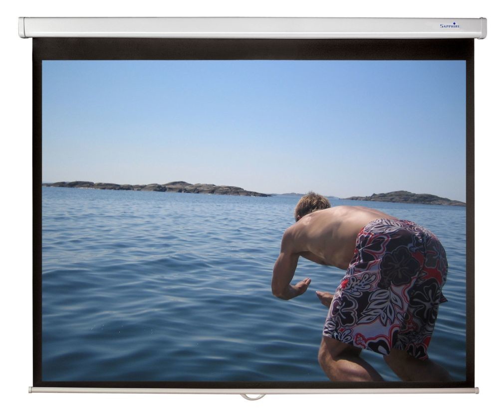 Sapphire AV SWS200B 3.02 M (119") projection screen featuring a sleek black border and a white viewing surface, designed for 1:1 aspect ratio displays.