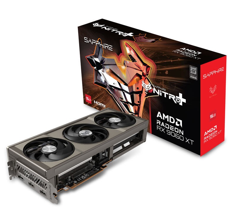 Sapphire Nitro+ Radeon RX 9060 XT graphics card features a sleek black and silver design with three large cooling fans, alongside a vibrant red and black box displaying product details.