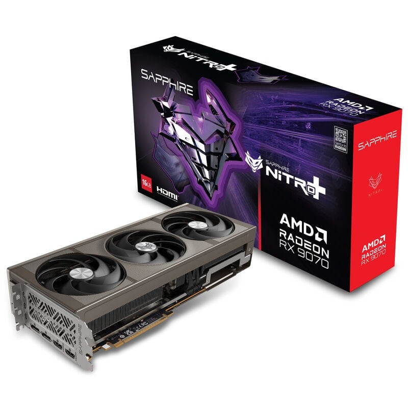 Sapphire Nitro+ Radeon RX 9070 graphics card features a sleek black and silver design with three large cooling fans and a sturdy metal backplate, packaged in a vibrant purple box.
