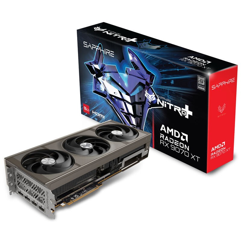 Sapphire Nitro+ Radeon RX 9070 XT graphics card features a sleek silver and black design with three cooling fans, alongside a colorful box showcasing the product branding and specifications.