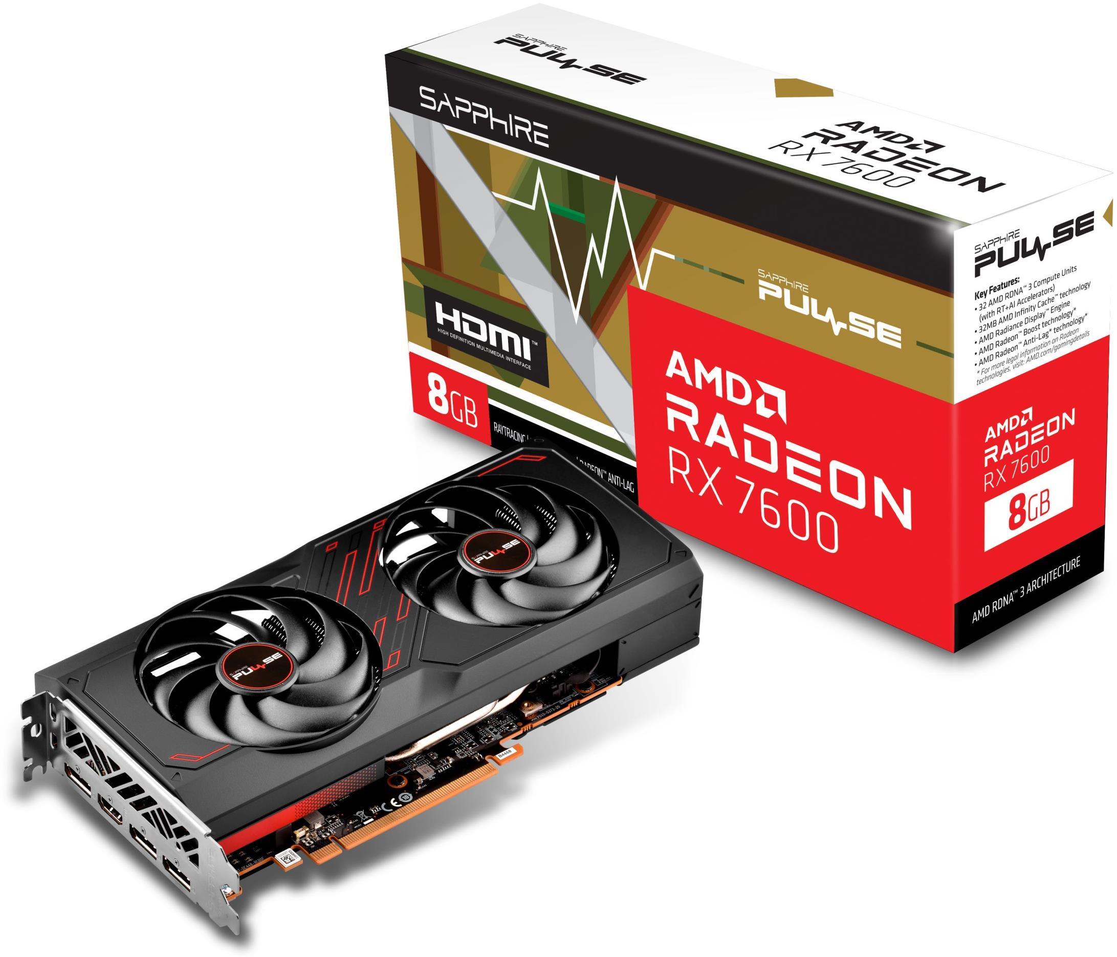 Sapphire PULSE AMD Radeon RX 7600 graphics card features dual black fans, a sleek black and silver design, and comes in a colorful box highlighting its 8 GB GDDR memory.