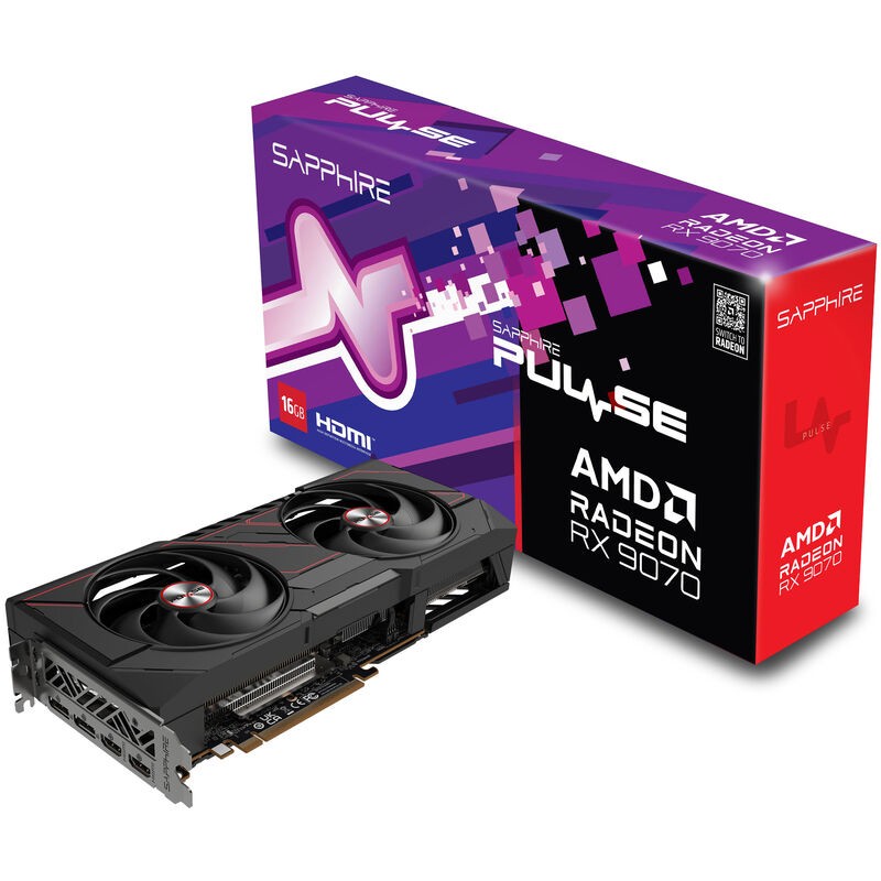 Sapphire Pulse Radeon RX 9070 graphics card features a sleek black and silver design with dual fans, accompanied by a colorful box highlighting its 16GB GDDR6 memory.