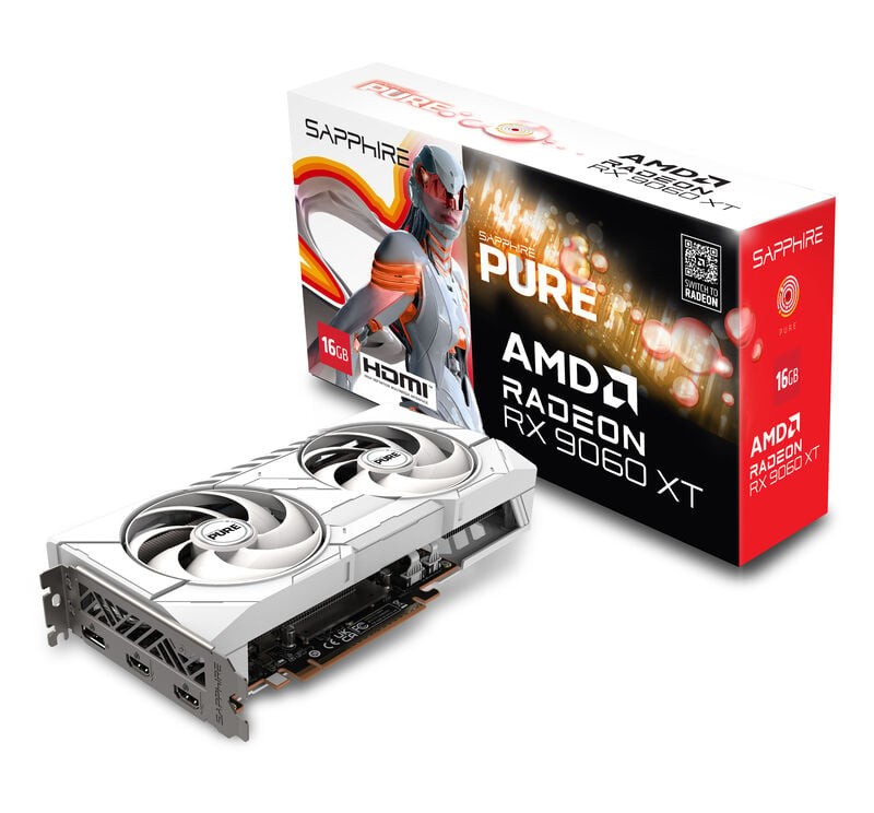 Sapphire Pure Radeon RX 9060 XT graphics card features a silver and black design with dual fans, 16GB GDDR6 memory, and comes in a branded box showcasing vibrant graphics.