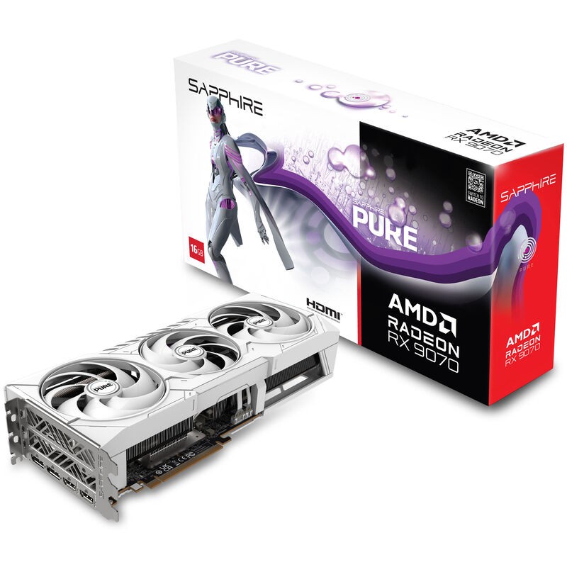 Sapphire Pure Radeon RX 9070 Gaming OC graphics card in silver and black with three large fans, alongside a colorful box featuring a futuristic character and product details.