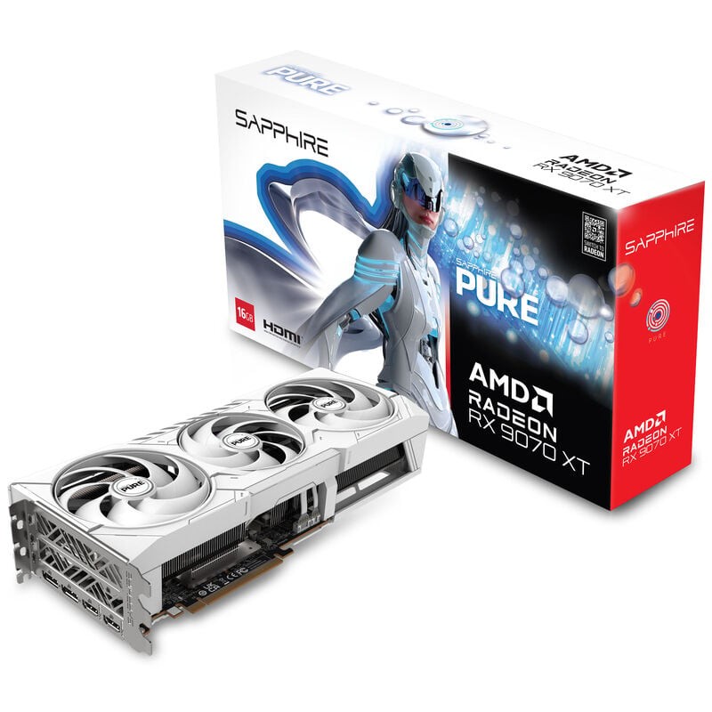 Sapphire Pure Radeon RX 9070 XT graphics card features a sleek silver and black design with dual large fans, alongside a colorful box showcasing a futuristic character and product details.