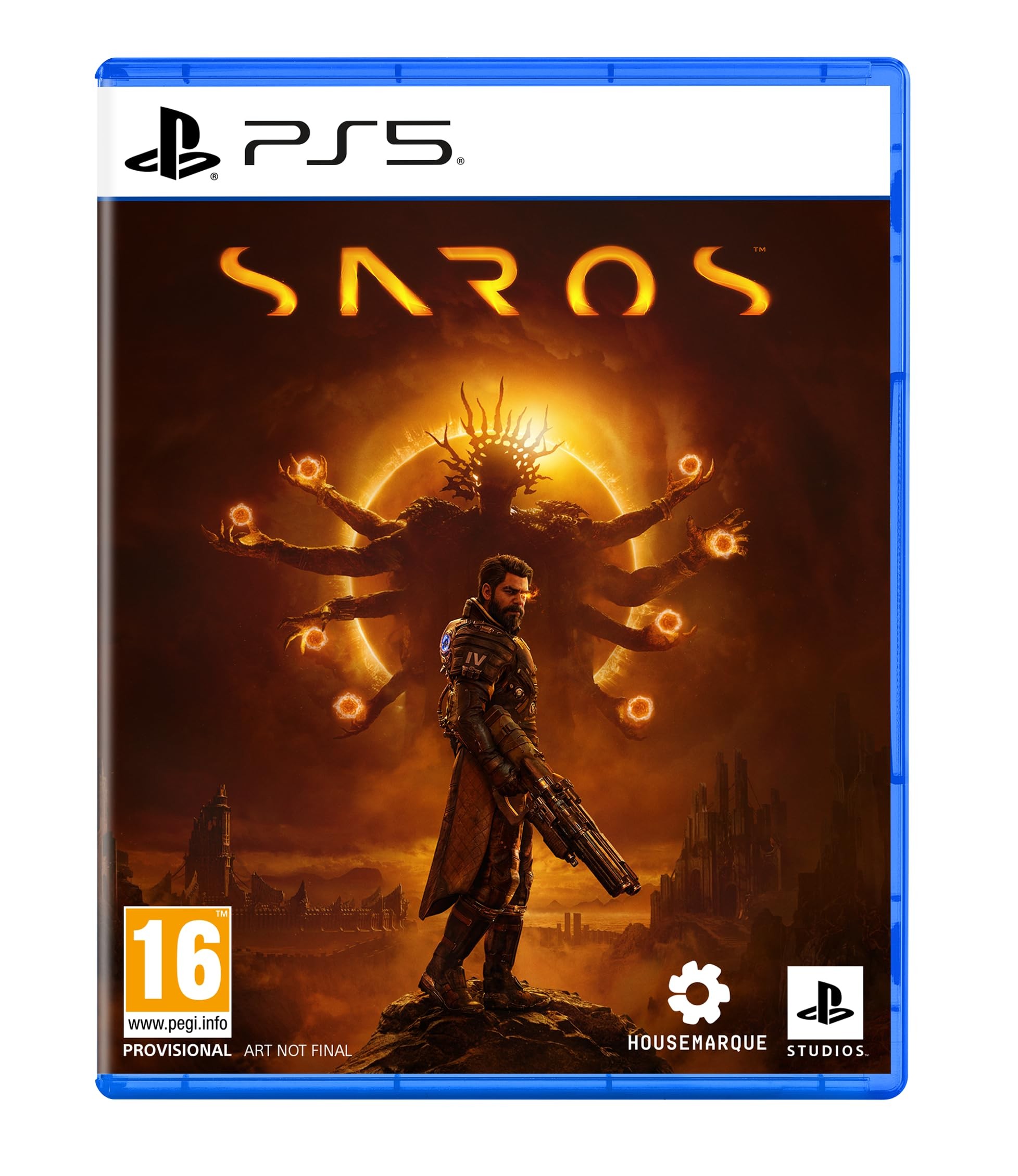 Saros game case for PS5 featuring a dark, fiery background with a character holding a gun, surrounded by glowing orbs, and the title prominently displayed in bold orange letters.