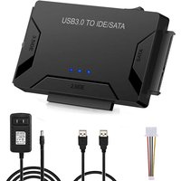 Black SATA/IDE to USB 3.0 adapter with cables, power supply, and LED indicators for 2.5/3.5 inch HDD support.