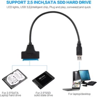 Black SATA to USB 3.0 cable with 22-pin adapter for 2.5-inch HDD/SSD, featuring a flexible cord and USB connector.