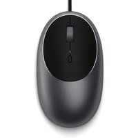 Sleek black and silver Satechi C1 mouse with USB-C connection, ambidextrous design, and scroll wheel.
