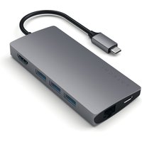 Satechi Multi-Port Adapter V2, sleek gray finish, USB-C connector, three USB ports, HDMI, Ethernet, and USB-C PD port.