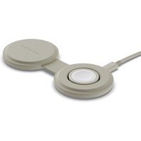 White Satechi 2-in-1 charger with two circular pads for smartphone and smartwatch, connected by a short cable.