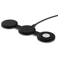 Black Satechi 3-in-1 wireless charger with circular pads for headset, smartphone, and smartwatch, connected by a cable.