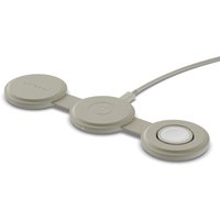 White Satechi 3-in-1 wireless charger with circular pads for headset, smartphone, smartwatch, and USB cable connection.