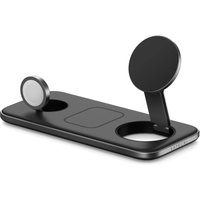Grey Satechi Qi2 Trio wireless charger with slots for smartwatch, headphones, and smartphone, sleek rectangular design.