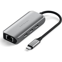 Grey Satechi USB Type-C hub with three USB ports and Ethernet port, compact design with attached cable.