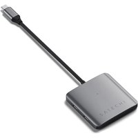 Grey Satechi USB Type-C hub with multiple ports and a sleek, compact design, featuring a short black cable.