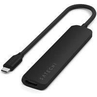 Black Satechi USB Type-C interface hub with braided cable and sleek rectangular design.