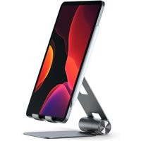 Grey Satechi ST-R1M holder for e-book readers, smartphones, tablets; sleek metal design with adjustable stand.