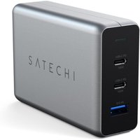 Satechi grey mobile device charger with two USB-C ports and one USB-A port, sleek rectangular design.