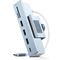 Blue Satechi USB-C laptop dock with multiple ports, including USB 3.2, SD card slots, and sleek metallic finish.