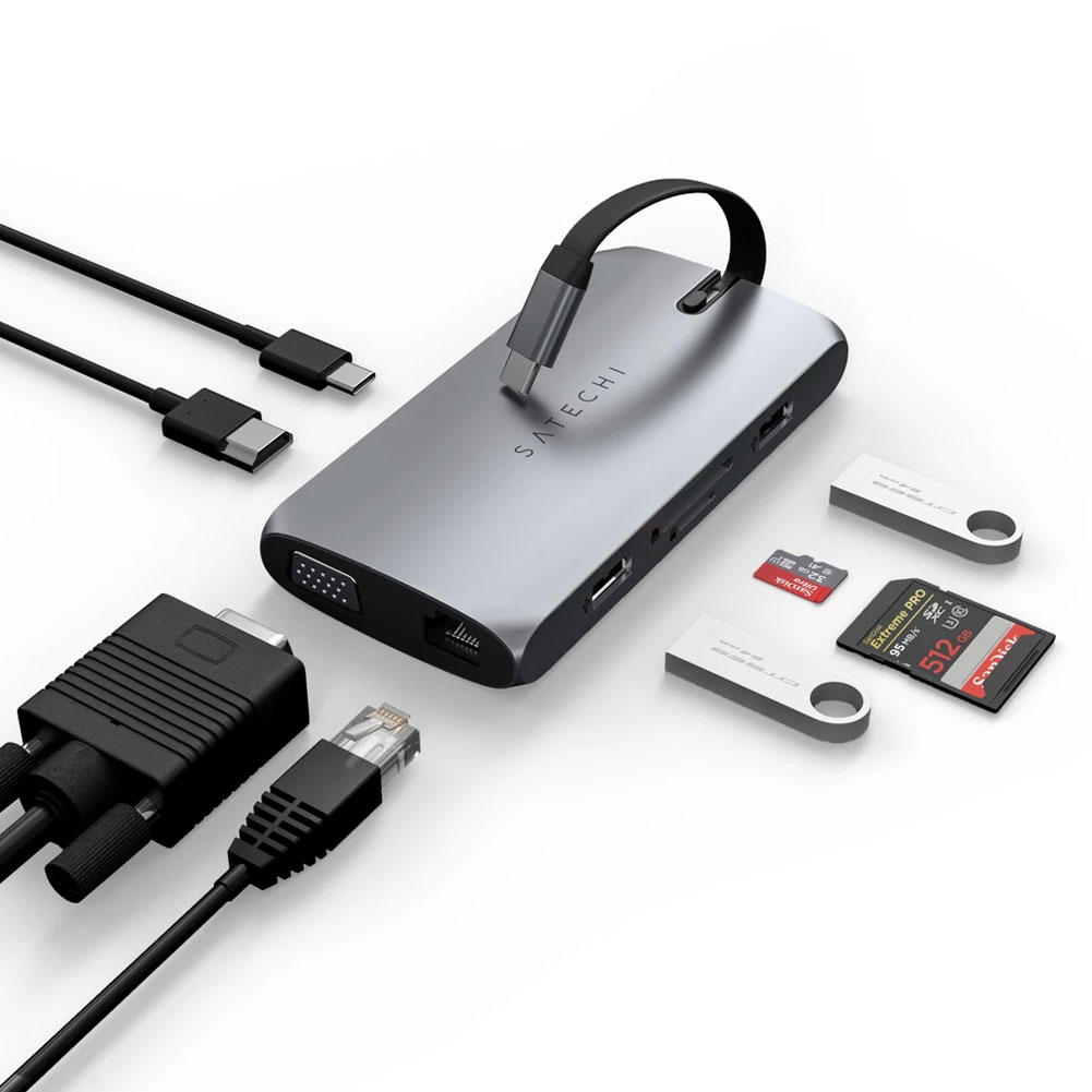 Satechi ST-UCMBAM Laptop Dock in black, featuring USB 2.0 Type-C, multiple ports, and included cables, with a sleek, metallic finish and compact design.