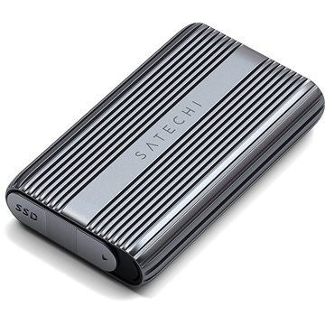 Satechi USB4 NVMe SSD Pro Enclosure in sleek silver aluminum with ribbed texture, featuring a minimalist design and the brand name "Satechi" embossed on the surface.