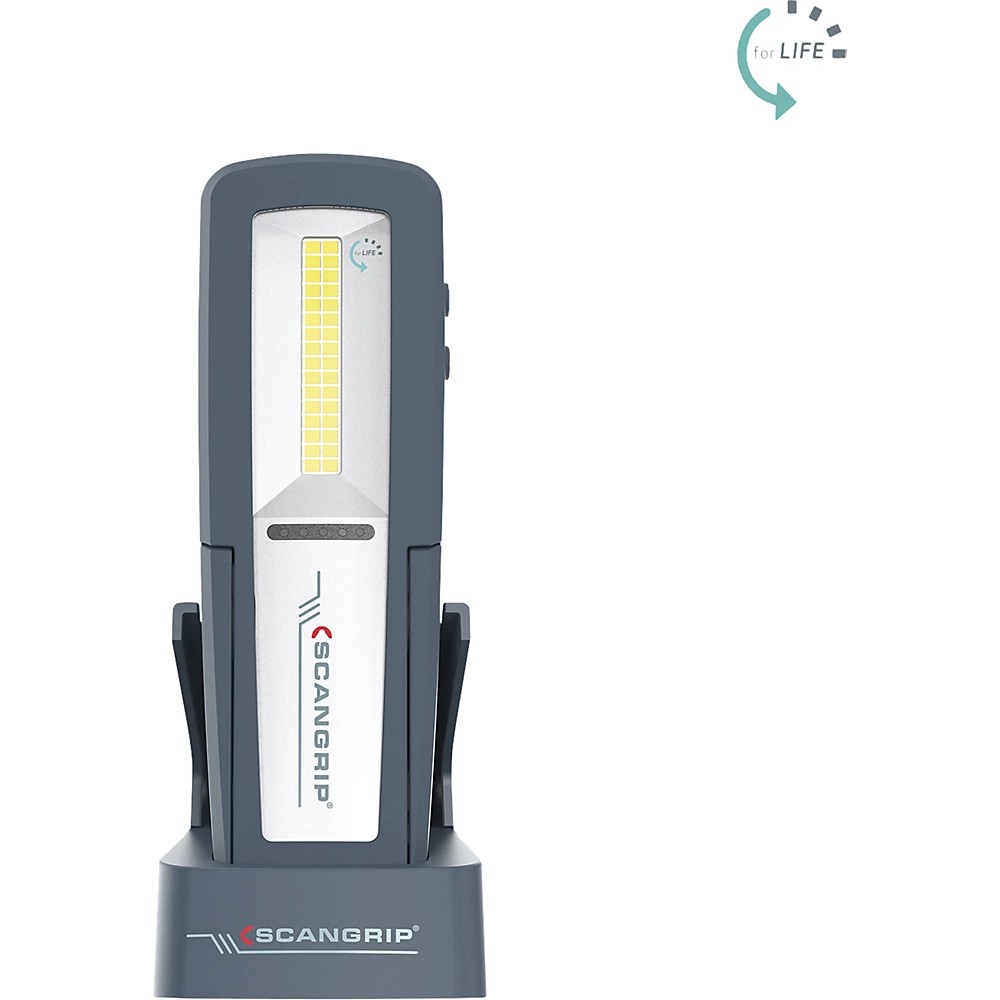 Rechargeable SCANGRIP 3.6208 UNIFORM work light in gray with a slim design, featuring a bright LED panel and a stable charging base.
