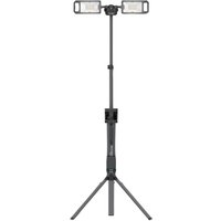 Black Scangrip Tower 8 Connect 18v cordless tripod work light with dual rectangular LED panels and adjustable height.