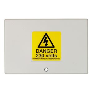 Schneider Drayton LWC3 12 Way Wiring Box in grey plastic, featuring a yellow warning label for 230 volts and a central screw for secure mounting.