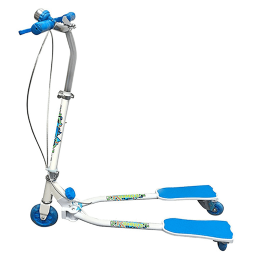 Blue scissor scooter with a silver frame, featuring a blue handlebar, two wide blue footplates, and smooth wheels for easy maneuverability.