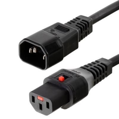 Black PVC power cable, 0.5 meters long, featuring a C14 connector on one end and a C13 connector on the other, with a red locking mechanism for secure connection.