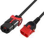 Black PVC power cable with a 1-meter length, featuring a C14 connector with a red locking mechanism and a C13 connector, both highlighted with red accents.