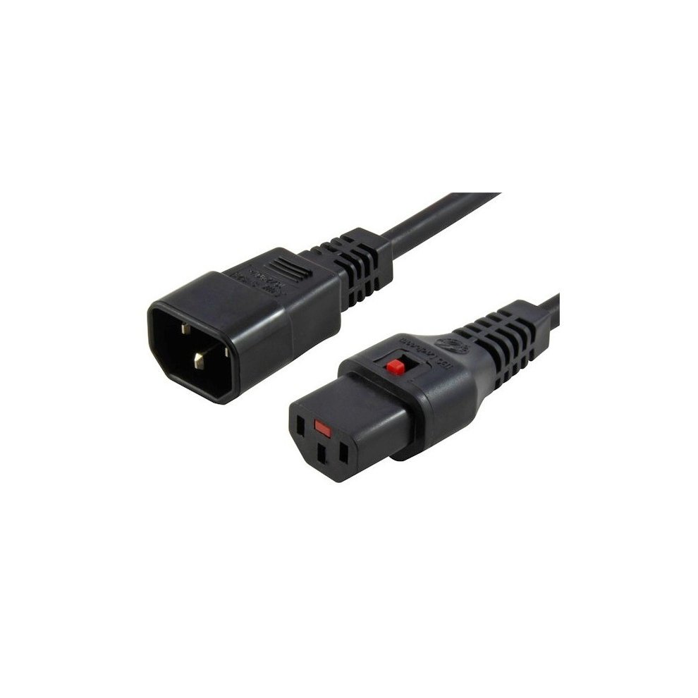 Black 1m power lead featuring a locking IEC C14 male connector on one end and a C13 female connector on the other, with a red locking mechanism for secure connection.