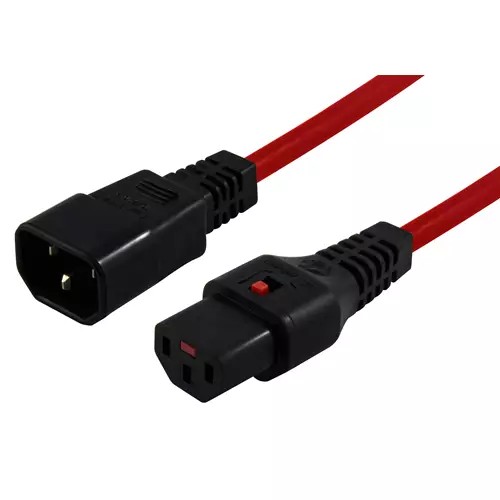 Red PVC power cable with a C14 connector on one end and a C13 connector on the other, featuring a black locking mechanism and a red switch for easy identification.