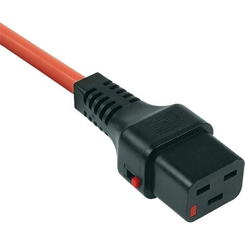 Scolm 2M C20-C19 lockable PVC power cable in bright orange, featuring a black connector with a red switch and three-pin socket design.