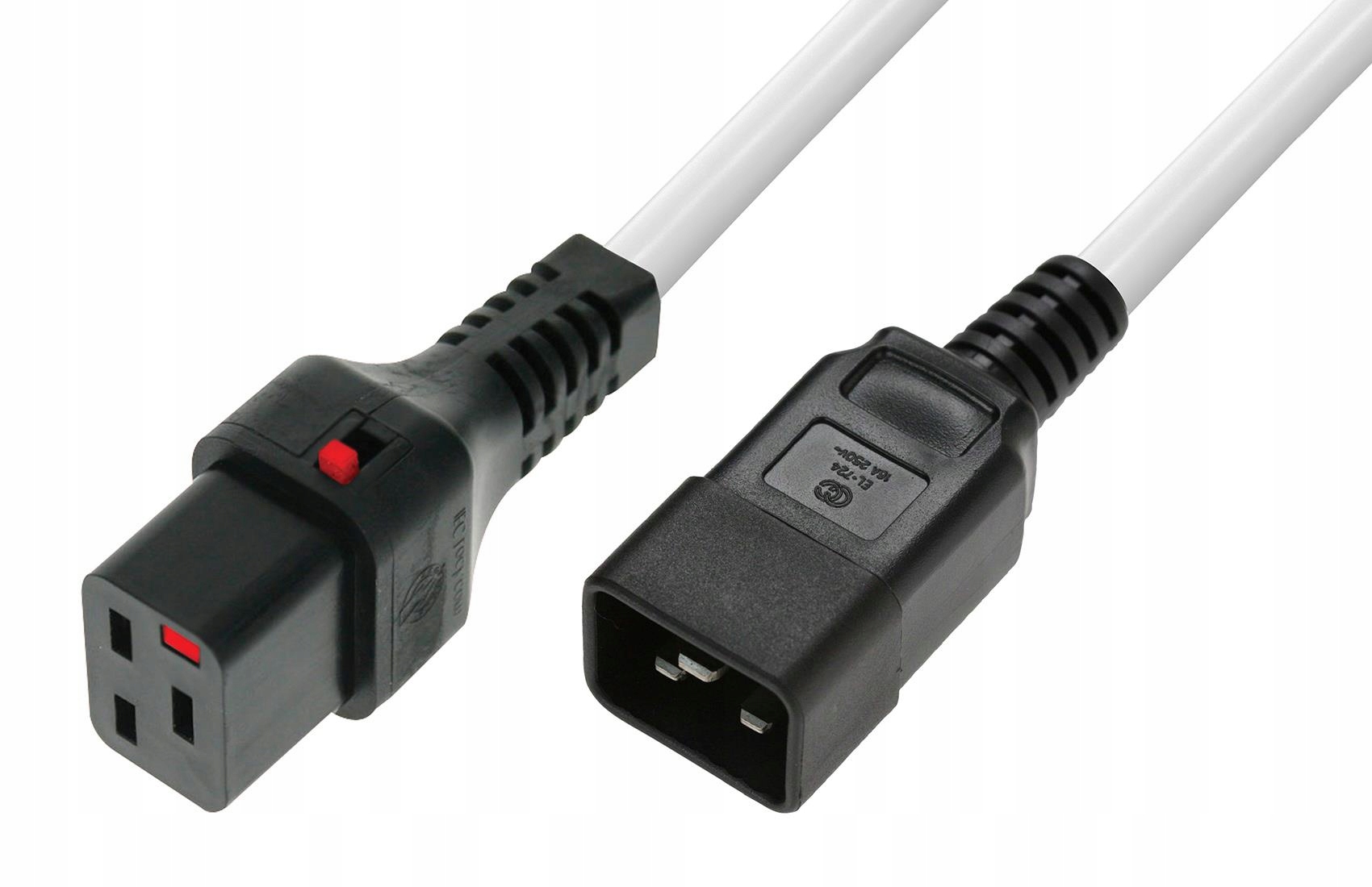 Scolm 2M C20-C19 power cable with a white PVC exterior, featuring a black C20 connector with a red lock button and a black C19 connector on the opposite end.