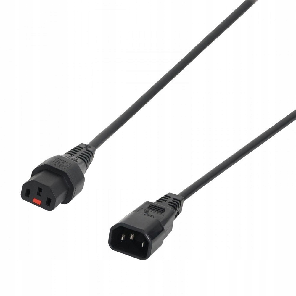 Black PVC power cable, 5 meters long, featuring C14 and C13 connectors with a 1.0mm thickness, designed for secure electrical connections.