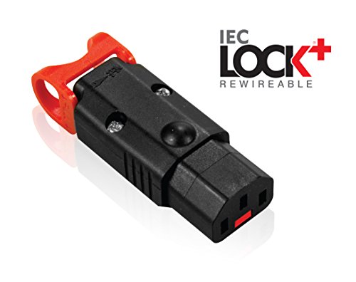 Black lockable C13 connector with a red locking mechanism, featuring a rewireable design and the "IEC LOCK+" branding for secure connections.