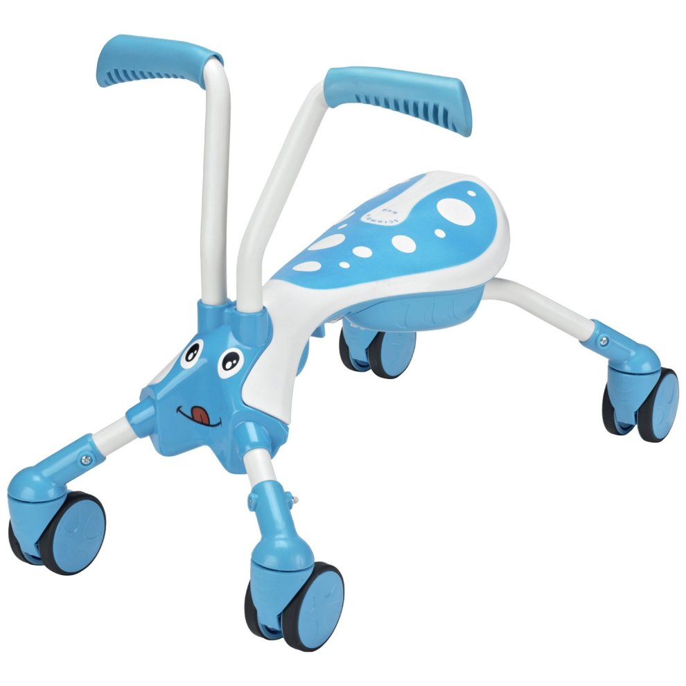 Blue and white ride-on toy shaped like a bug, featuring a smiling face, four wheels, and handlebar-like antennae for children to push and ride.